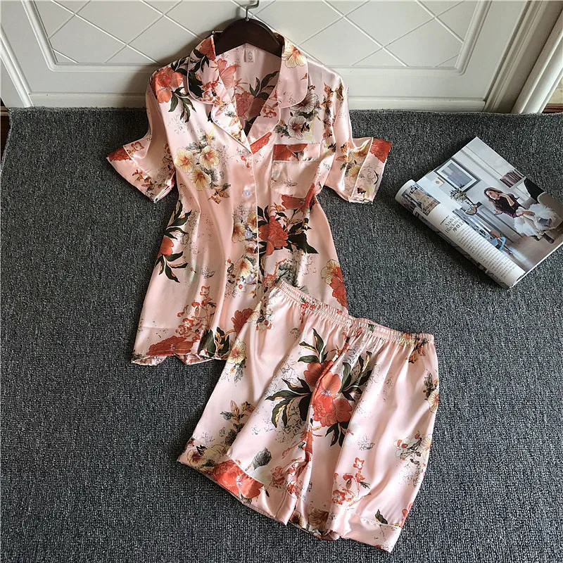 Летние Для женщин пижамные комплекты с шортами шелк Домашняя одежда Атлас Цветочный принт сексуальная пижама короткий рукав пижама Тонкий