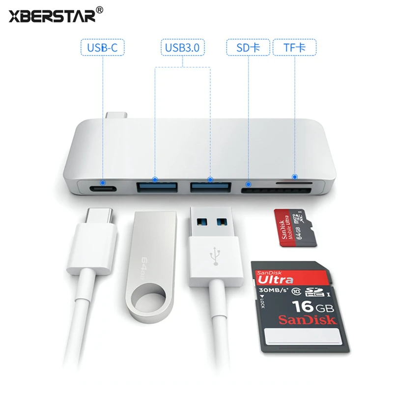 

5 in1 USB C Hub 3.0 Type-C Adapter for MacBook Pro Charging Data Sync Card Reader