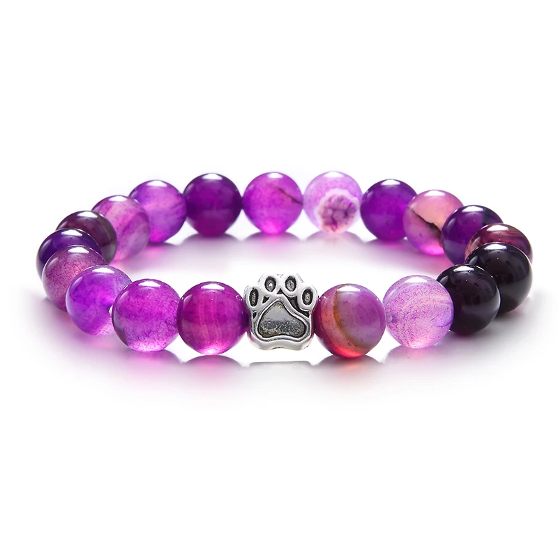 

10mm Colourful Natural Stone Beads Bracelets Dog Cat Footprint Paw Charms Bracelet Pet Lover Strench Jewelry