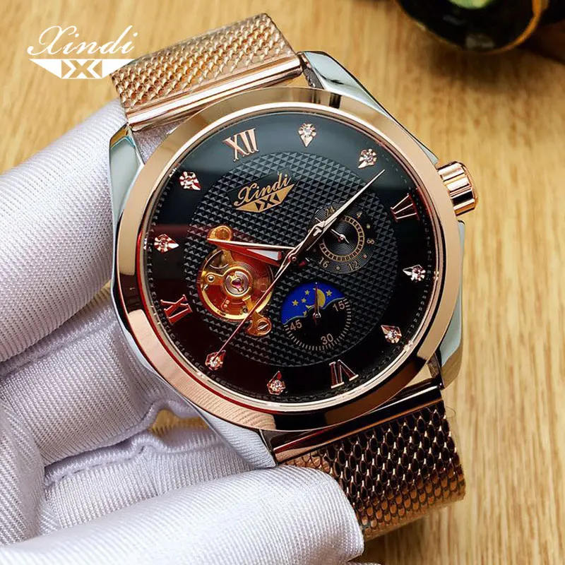 

Xindi Diamond Men's Automatic Skeleton Watch Water Resistant Moon Phase Stainless Steel Mechanical Wristwatches Top Brand Male