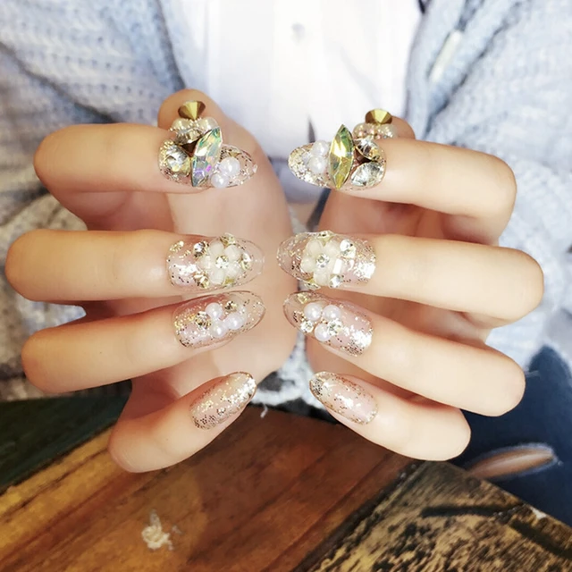 Charming Long False Nail Tips Glitter Clear Fake Large Charming Long False Nail Tips Glitter Clear Fake Large Rhinestones Manicure Nails Wedding Must