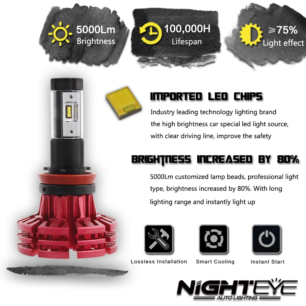 Nighteye 60 Вт/комплект 10000лм H11 H8 H9 H16(JP) комплект автомобильных светодиодных фар противотуманных фар 6500 к белый 3000 к 8000 К налобный фонарь
