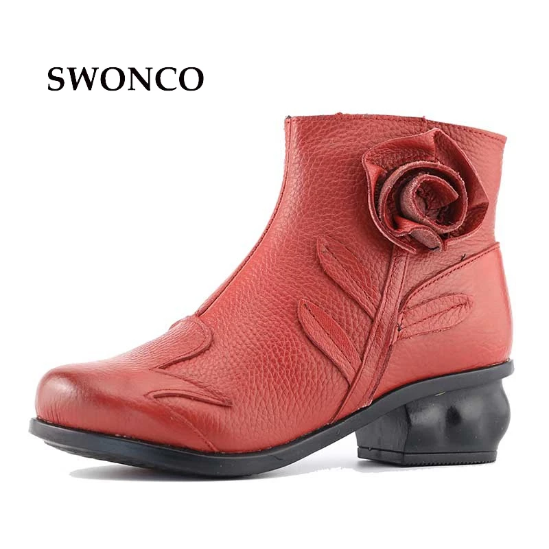 Vintage Female Genuine Leather Boots for Women 3cm Low Heel Shoes National Wind Retro Mother Soft Cowhide Leather Boots