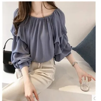 

Spring New Pattern Korean Temperament One Word Lead Chiffon Shirt Woman Solid Color