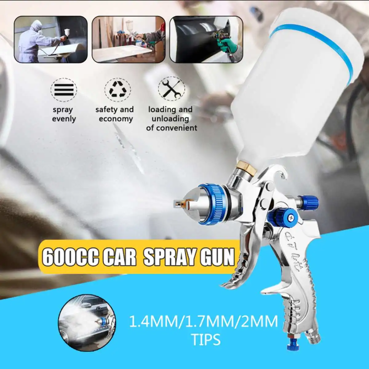

1.4+1.7mm+2mm Professional HVLP Air Spray G un Paint Sprayer 600ml Gravitys Feed Airbrush Kit Car Painting Spraying Tool