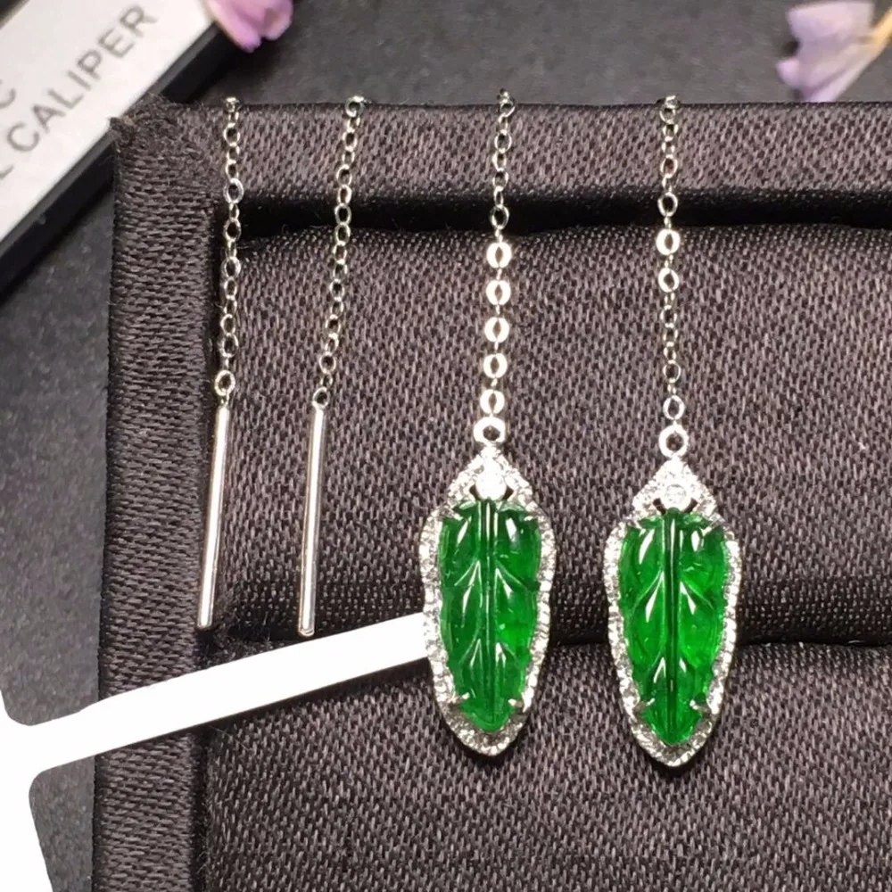 

504 Fine Jewelry Pure Real 18 K White Gold AU750 100% Natural Green Jade Amulet Gemstone Myanmer Origin Drop Earrings for Women