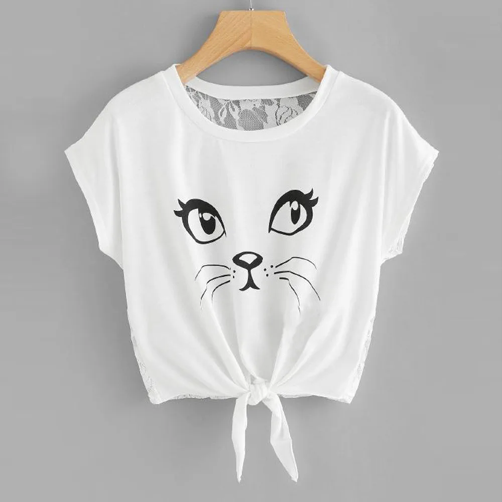 

Womens Casual Short Sleeve Round Neck Cartoon Printed Cat solid color Wild Japanese Shirts Tops ropa mujer
