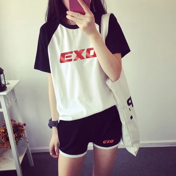 

EXO Two Pieces Short-sleeved T-shirt + Shorts 2019 Exclusive Fashion Casual T-shirt Women Cotton+shorts