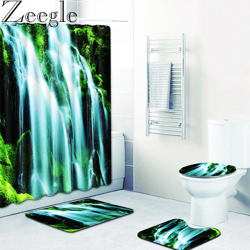 

Zeegle 4Pcs Memory Foam Bathroom Bath Mat Shower Curtain Pedestal Rug Lid Toilet Cover Toilet Mat Bath Mat Set For Bathroom