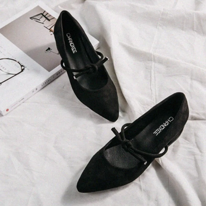 [DEAT] New Spring Autumn Sharp Toe Shallow Flock Bowknot Casual Simple Flat Single Flat Shoes Women Fashion Tide 10B904