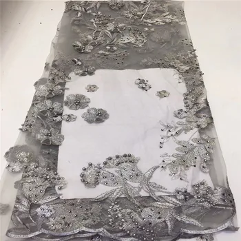 

Latest African Lace Fabric 2019 High Quality Nigerian Gray Lace Fabrics 3D Flower French Tulle Lace Fabrics For Dress
