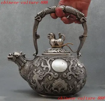 

christmas old chinese fengshui silver dragon foo dog lion beast statue Wine Tea Pot Flagon halloween