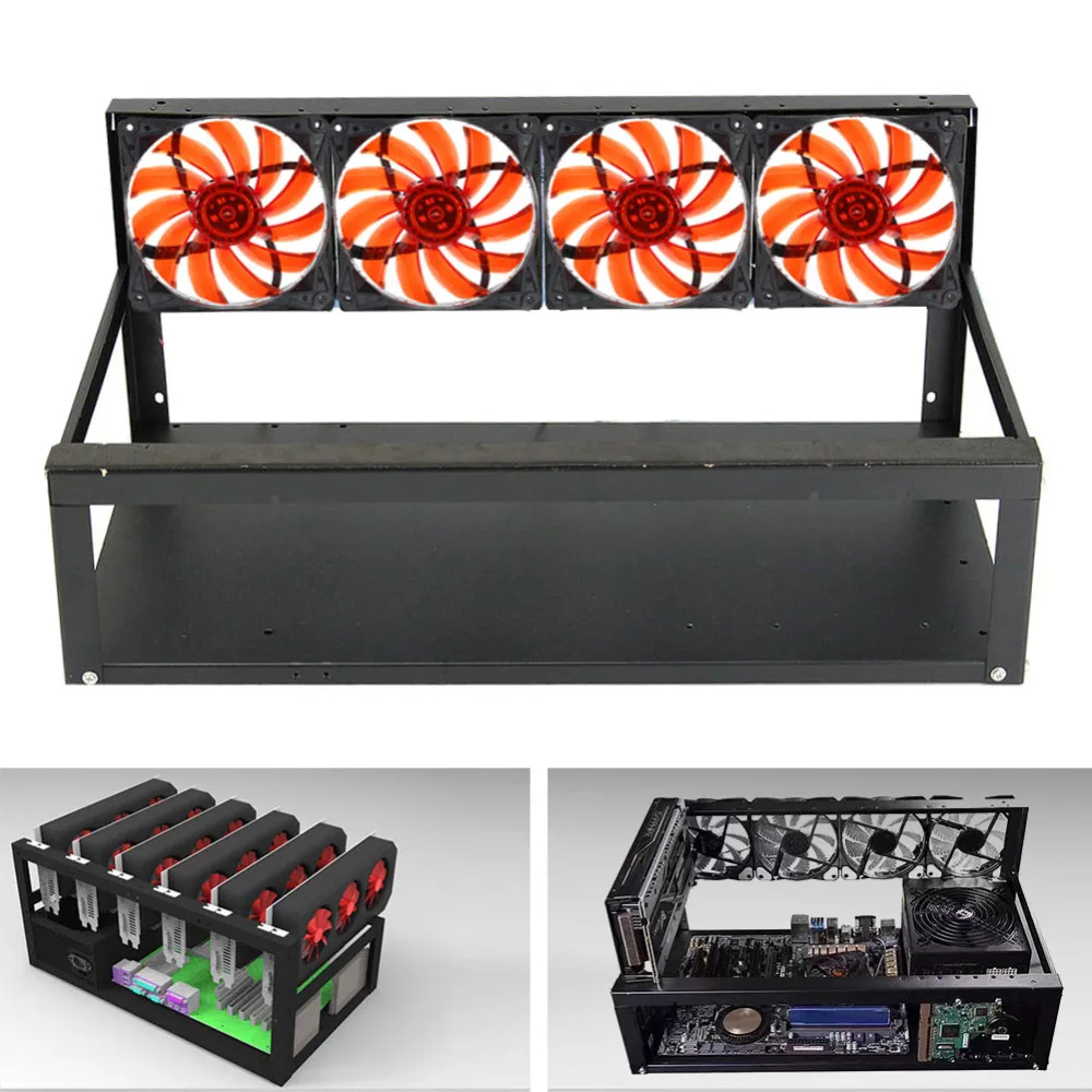 6 GPU Mining Rig Aluminum Case + 4 Fans Open Air Frame for ETH ZEC/Bitcoin EM88