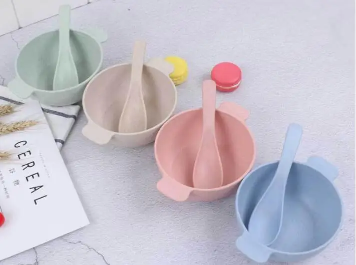 

1SET Wheat Straw Children Baby Bowl Fruit Plate Tableware Dish With Spoon Kitchen Plastic Bowls Travel Dinnerware OK 0882