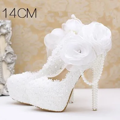 Новинка; Очаровательные Белые свадебные туфли с кружевом и цветочным узором; женские Вечерние туфли на высоком каблуке; обувь на платформе для выступлений; свадебные туфли-лодочки; женская обувь - Цвет: 14cm heel