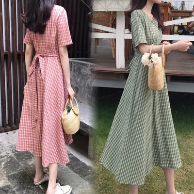 A Line Dresses Woman Summer Cute Japan Korean Style Prairie Sweet Preppy Design Button Shirt Dress Bow Ribbon Tie 7515