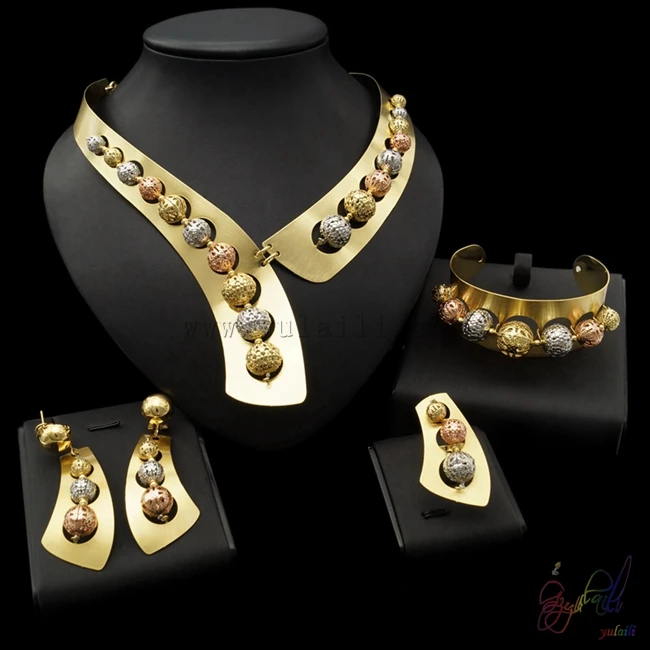 

Yulaili Free Shipping Unique Flower Design Pure Gold Color Dubai Jewelry Set Anniversary Jewelry Four Sets