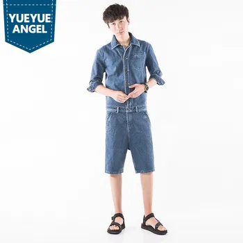 

Jumpsuits Mens Summer Fashion Vintage Casual Short Sleeves Denim Coat Man Harajuku Knee Length Shorts Jeans Overalls Male