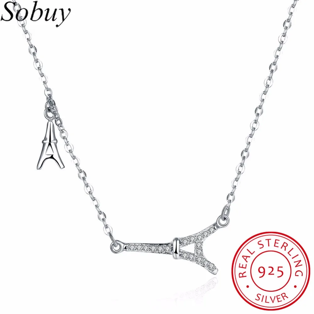 SOBUY Authentic 925 Sterling Silver Paris Eiffel Tower Diamond Pendant