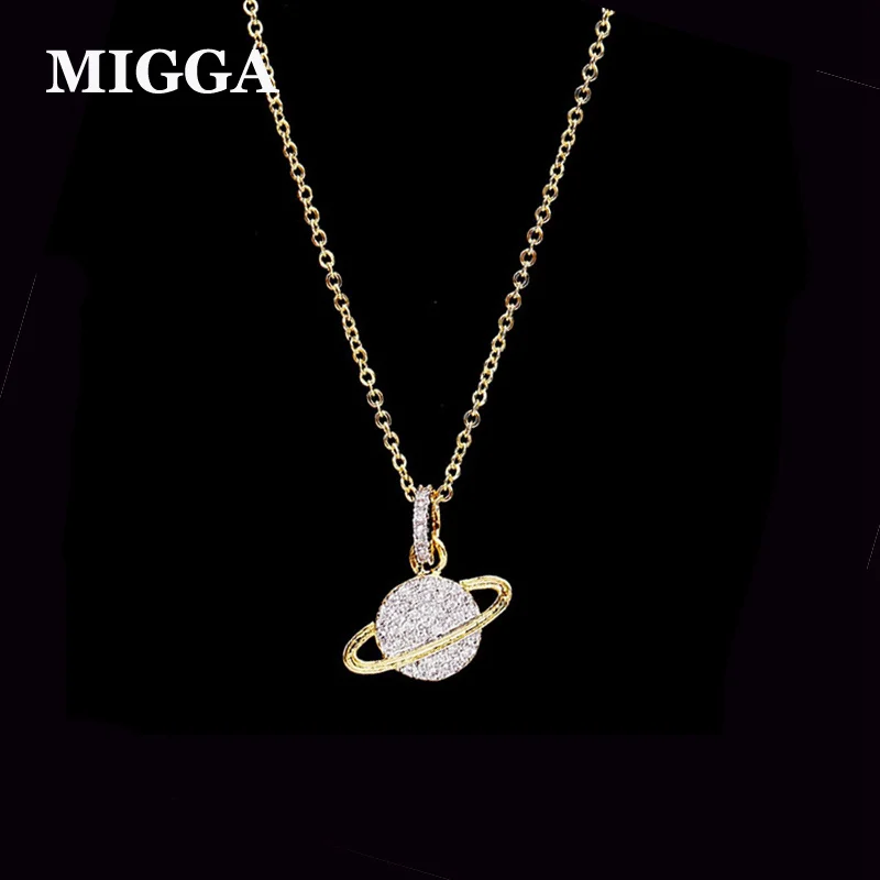 

MIGGA Exquisite Micro Paved Cubic Zircon Crystal Saturn Pendant Necklace for Women Long Adjustable Chain
