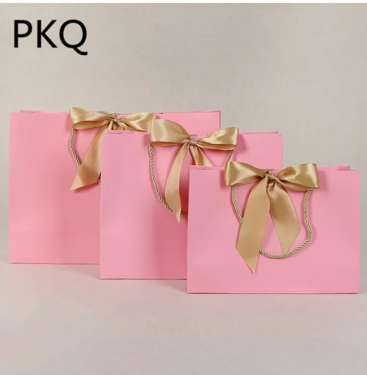 

10pcs Pink Cardboard Paper Packaging Bag,White Garment Gift Paper Bag With Handles,Green Paper Shopping Bag With Ribbon