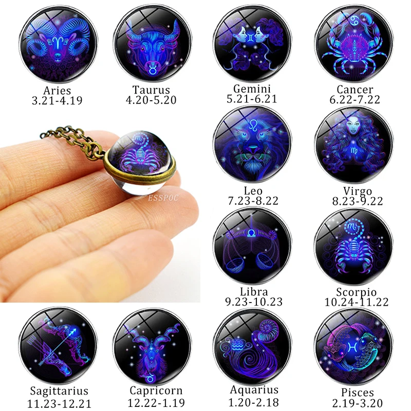 

Birthday Gift 12 Constellation Zodiac Necklace Double Side Glass Ball Pendant Necklace for Women Astrology Jewelry