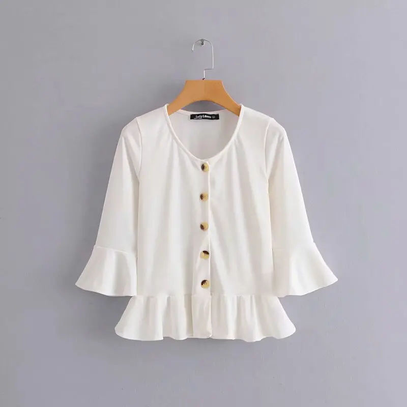 

2019 Women Flare sleeve Ruffles Elegant White Blouse 3/4 sleeve V neck Casual shirt Spring Knitted Tops Female blusas N803