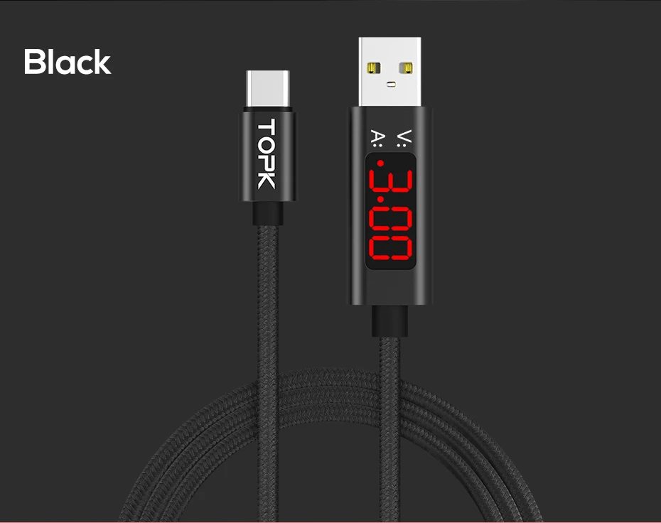 TOPK AC27 3A usb type-C кабель для передачи данных USBC кабель для быстрой зарядки напряжение и ток дисплей USB-C кабель для samsung S9 S8 redmi note 7