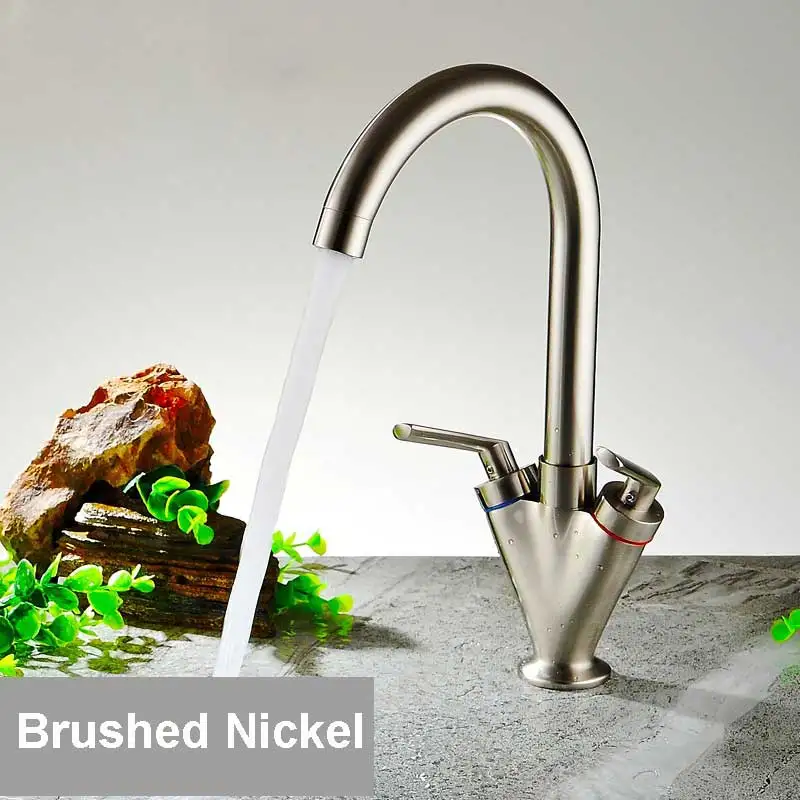 Brushed Nickel Матовый никель кухонный кран латунный материал Двойная Ручка Холодная и горячая Кухня Раковина кран 360 Поворотный носик кухонный кран смеситель - Цвет: Brushed Nickel