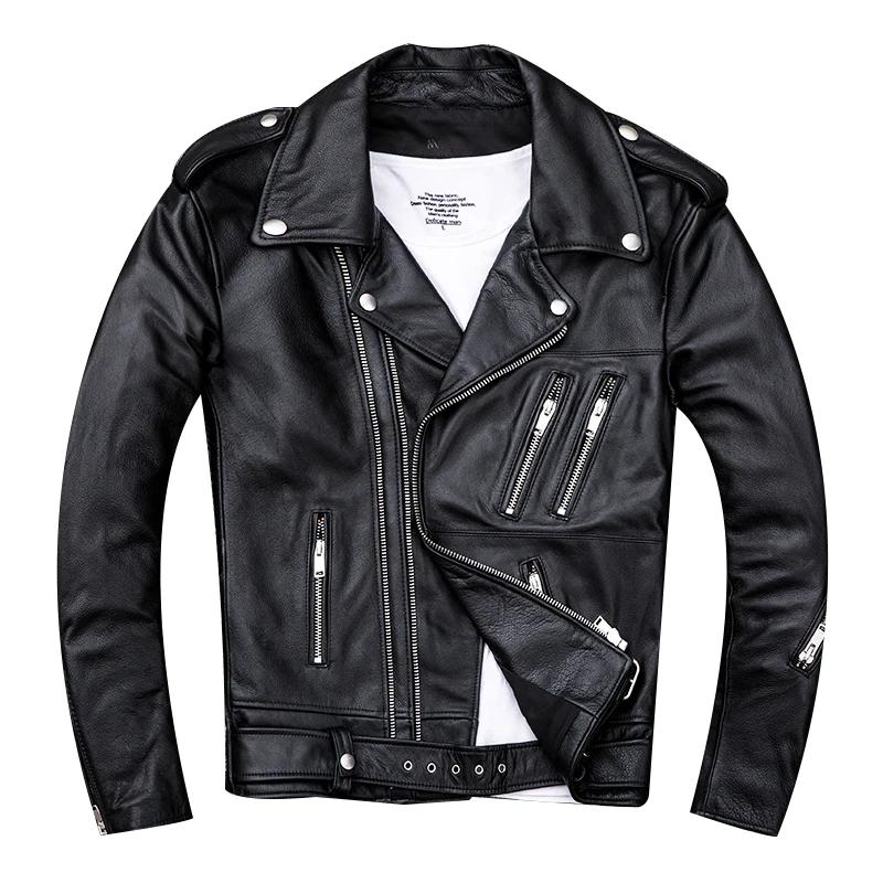 

HARLEY DAMSON Black Men Double Zipper Biker's Leather Jacket Plus Size XXXX Genuine Thin Cowhide Spring Slim Fit Motorcycle Coat