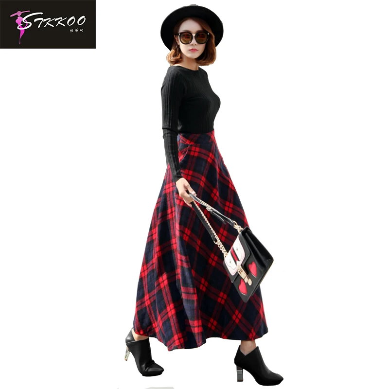 Plus Size S XXL Elastic Waist Plaid Wool Skirt 2017 Europe Quality Autumn Winter Maxi Skirts