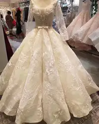 Robe de mariage Новый Свадебные и Бальные платья 2019 платье с круглым вырезом и длинными рукавами Часовня Поезд аппликации платье невесты из тюля