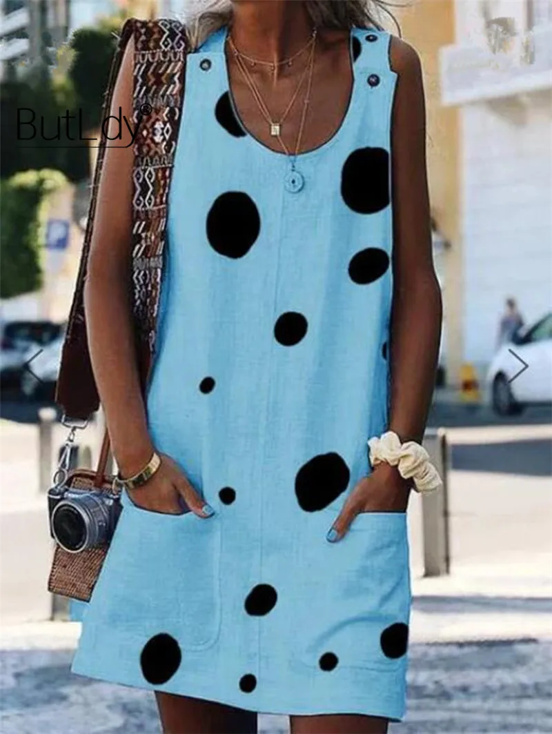 Big Polka Dot Tank White Women Dress Summer 2019 Sexy Sleeveless Ladies Dresses with Pockets Button Cotton Linen Dress Women