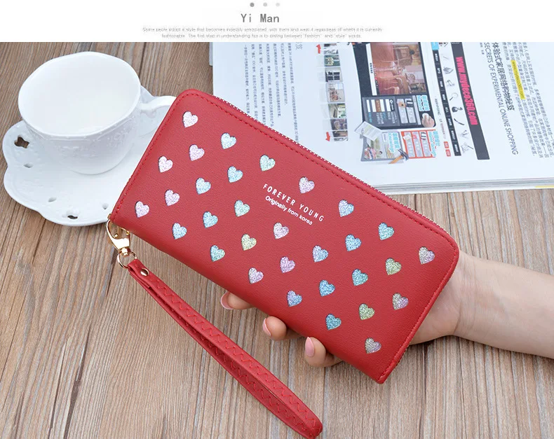 Leather women's wallet New cute Love color hollow large capacity Purses women Solid color purses Long Love zipper female wallet