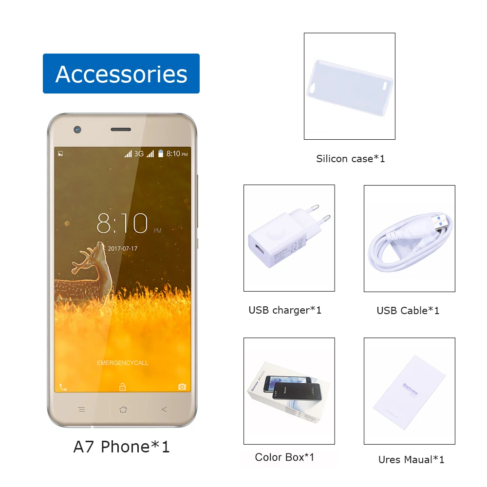 Оригинал Blackview A7 мобильный телефон 3G MTK6580 четырехъядерный 5 0 дюймов ips HD 1 ГБ
