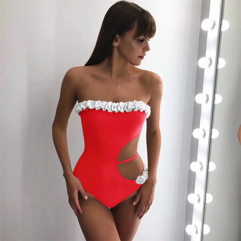 Bandeau Swimwear Women 2018 Sexy One Piece Swimsuit Female Hollow Out Bathing Suit Solid Monokini Black Swim Suits Red Swimming