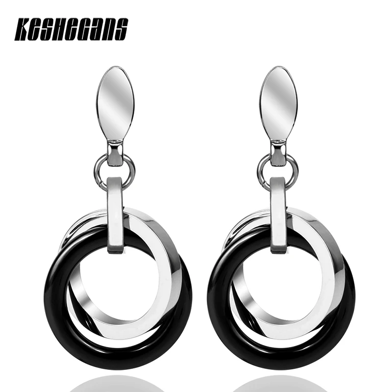 Women Double Round Circle Earrings Ceramic Steel Drop Earring Black Color Elegant Lady Fashion Jewelry Girl Wedding Party Gifts