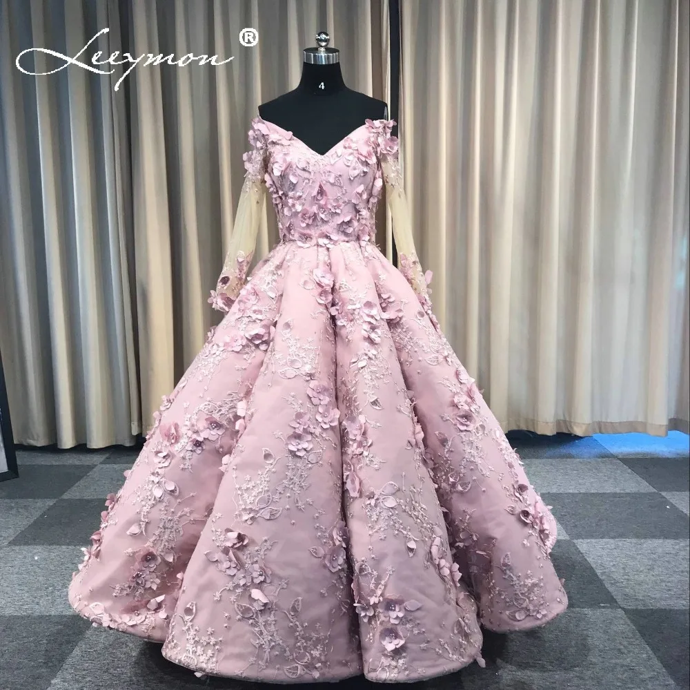

Lace Ball Gown Wedding Dresses Sheer Long Sleeves Flowers Pearls 2019 V Neck Ruched Sequins Bridal Gowns Dubai Arabic