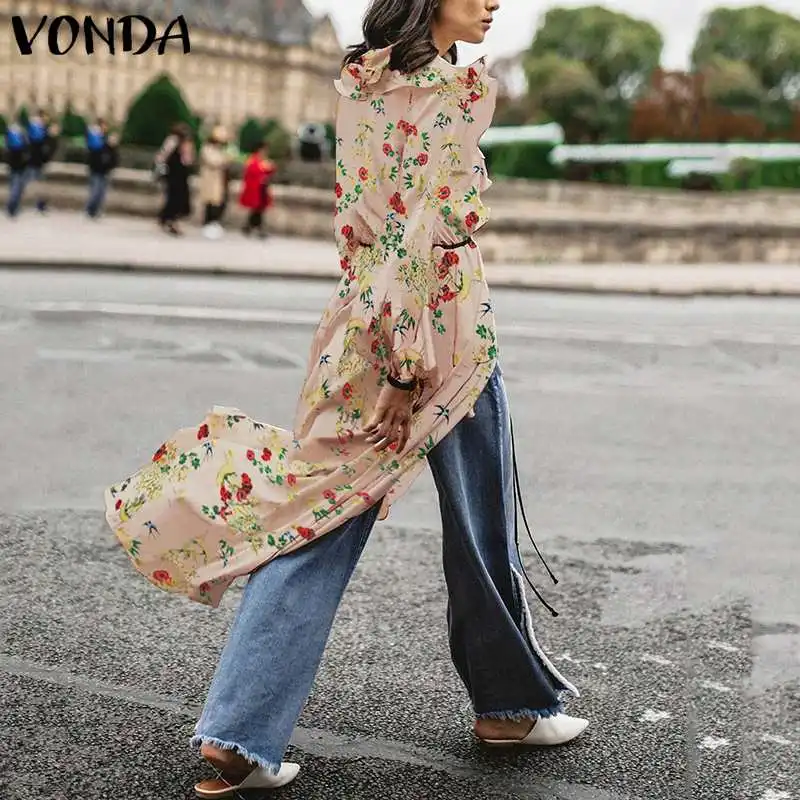 VONDA модные женские блузки с цветочным принтом сексуальные с v-образным вырезом и длинным рукавом повседневные свободные длинные рубашки с оборками винтажные Топы больших размеров