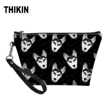 

THIKIN Funny Husky Dog Print Female Leather Cosmetic Bag Beauty Case Professional Black Make Up Bags Purse for Women Girls Bolsa