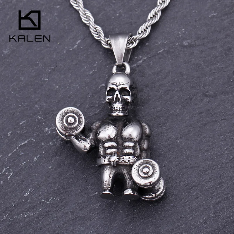 

Stainless Steel Punk Skull With Dumbbells Pendant Necklace Punk Skull Weightlifting Fitness Chain Necklace Sporty Jewelry