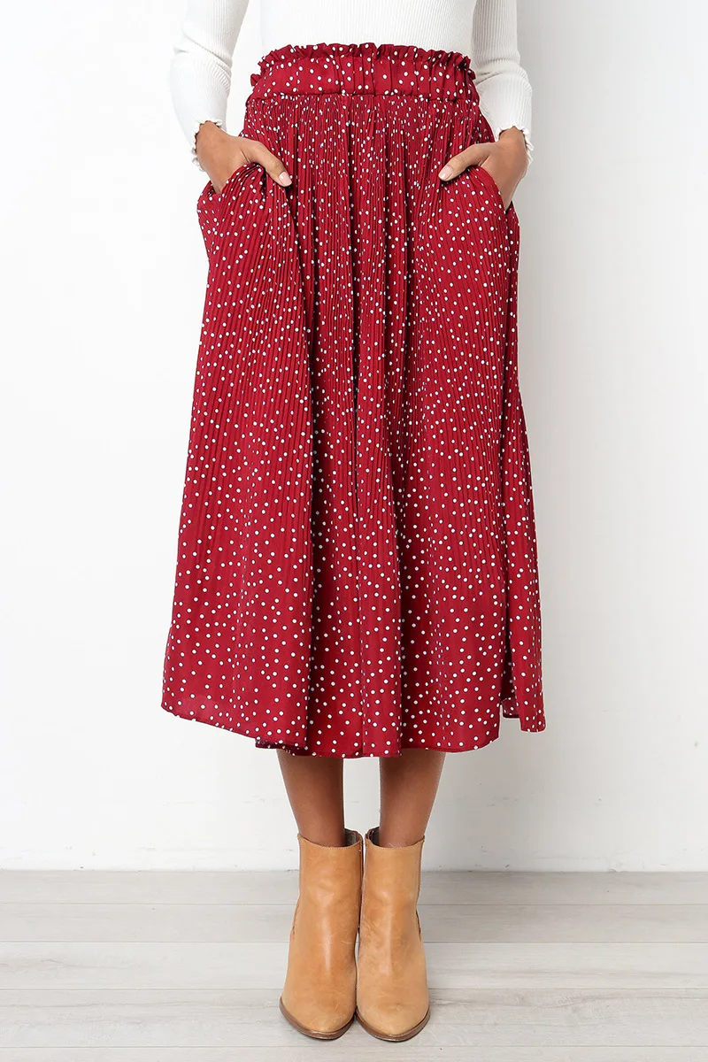 White Dots Floral Print Pleated Midi Skirt Women Elastic High Waist Side Pockets Skirts Summer 2019 Elegant Female Bottom