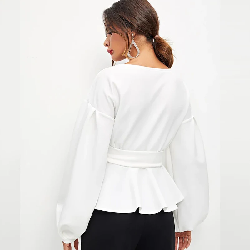 iClosam Elegant White Blouses Office Ladies Lantern Sleeve Blouse Solid Color Autumn Sexy Black Women Tops