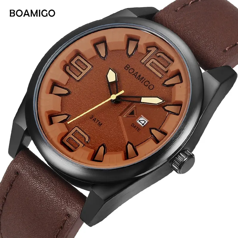 

BOAMIGO Luxury Brand Fashion Casual Men Quartz Watches Auto Date Leather Wristwatches Male Coffee Dress Watch relogio masculio