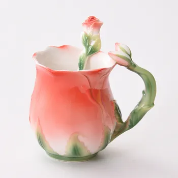 

3D Rose Enamel Coffee Mug Tea Milk Cup Set With Spoon Creative Ceramic European Bone China Drinkware for Friend Gift