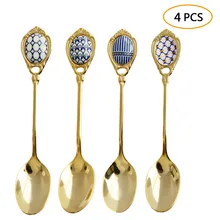 

4Pcs/Set Vintage Gold Vertical Grain Stainless Steel Ceramic Veneer Coffee Stirrer Spoon, Household Tableware