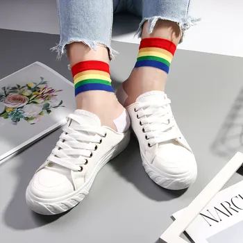 

Rainbow Transparent Short Socks Women Summer Thin Glass Silk Harajuku Hipster Art Low Cute Ankle Socks Christmas Party Gift