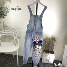 Женские джинсы на лямках, новая мода, тяжелые бусинки блестки, Стерео цветы, милый мультфильм, отверстие, мыть воду, пояс из денима, брюки для девочек