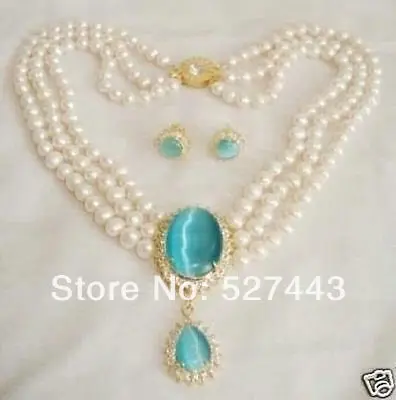 

Wholesale CharmiNg! jewelry Natural white pearl necklace opal pendant earring set (0430)