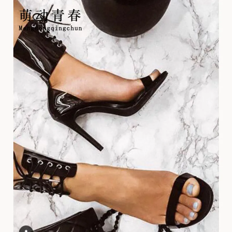

Women Pumps 2019 Fashion Cross Tied High Heels Sandals Open Toe Lace Up Black Blue Shoes Transparent Plastic Party Pumps Shoes